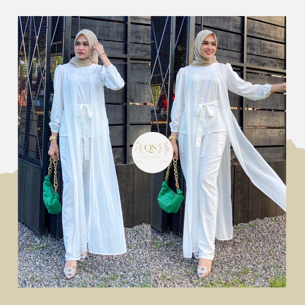 QB Ziva Set/Setelan Unik Wisuda Kemeja Lengan Panjang/Kemeja Oversize Putih/Baju Pantai Wanita Musli