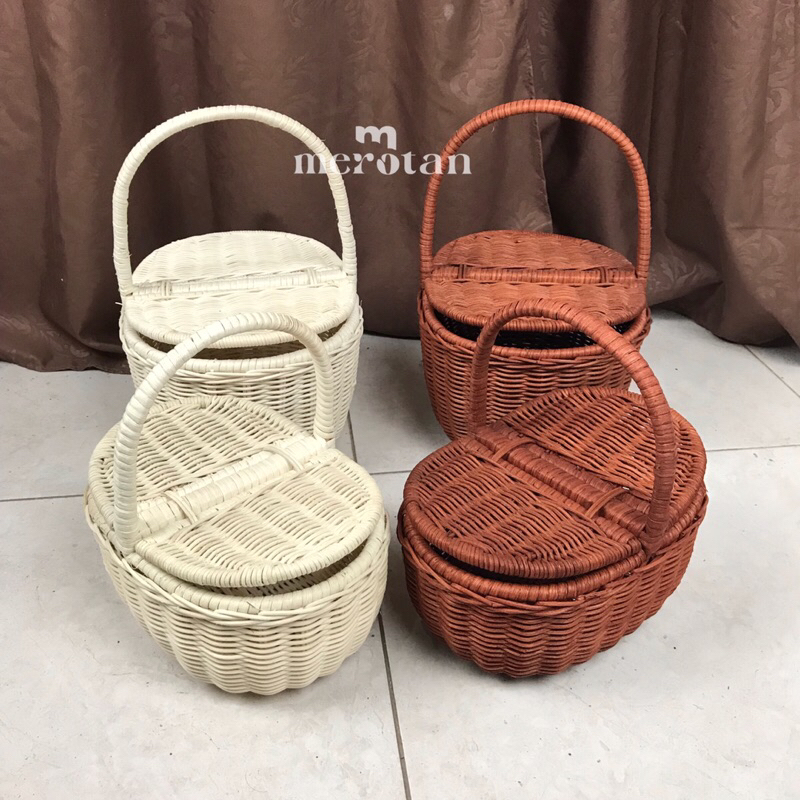 Keranjang Piknik Rotan Model Oval (Set isi 2pcs) / Keranjang Hampers Rotan / Keranjang Rotan