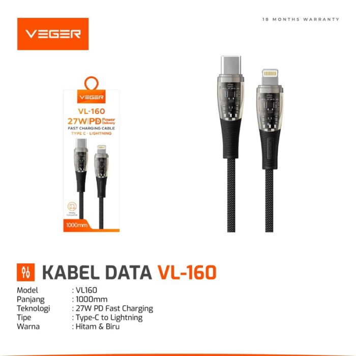 Kabel Data Type C to Lightning VEGER VL-160 PD C to Lightning QC 27W