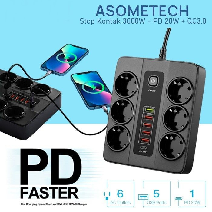 Stop Kontak Asometech 6 Power Socket 5 USB 3.0 1 PD 20W