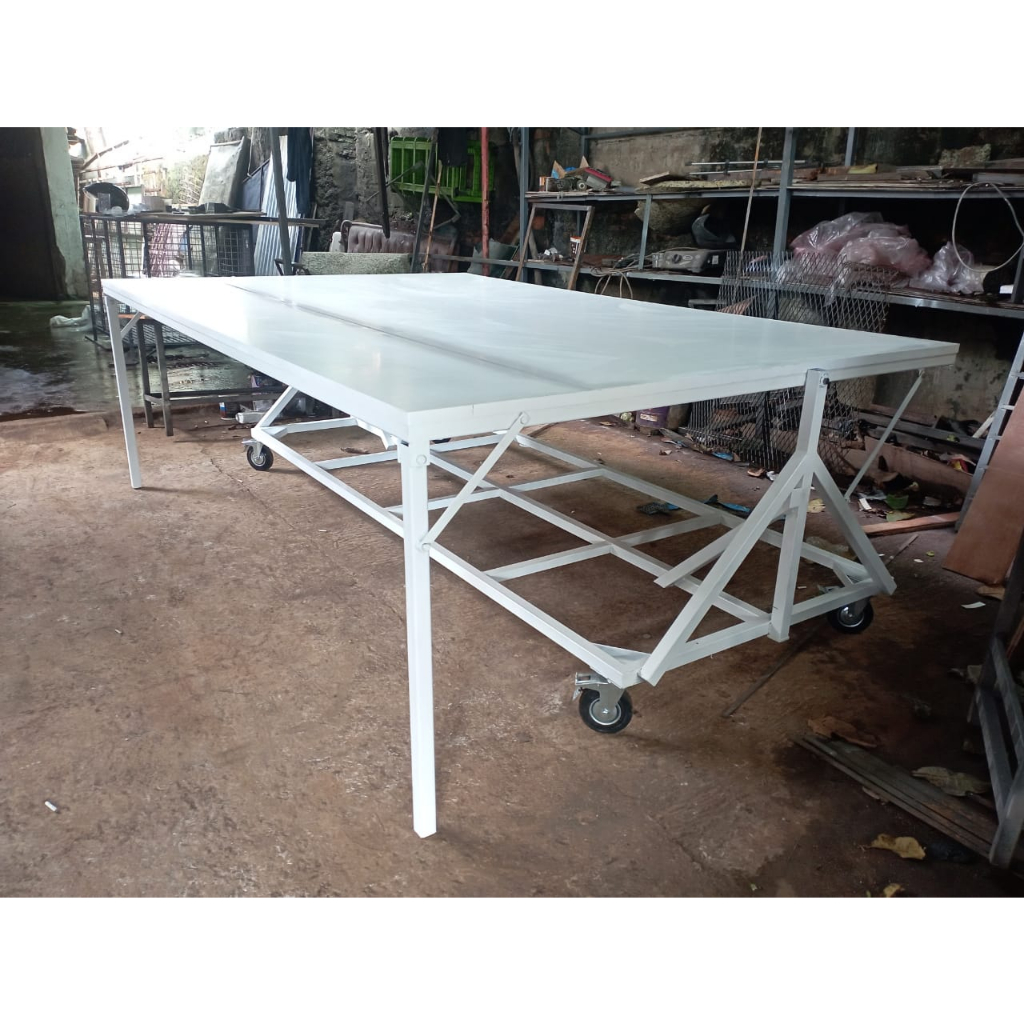 Meja Lipat Potong Bahan Konveksi Rangka Besi Hollow Alas Melamin Roda Stopper Custom