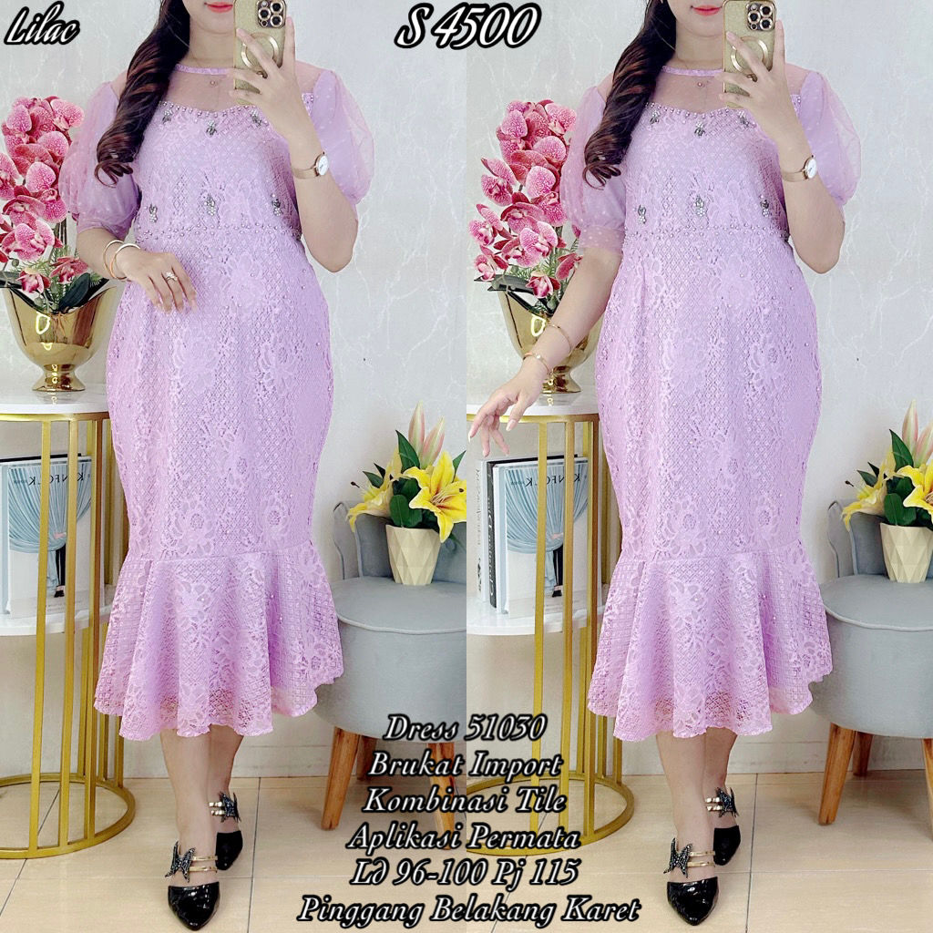 S 4500 #Dress Brukat Duyung Lilac Permata