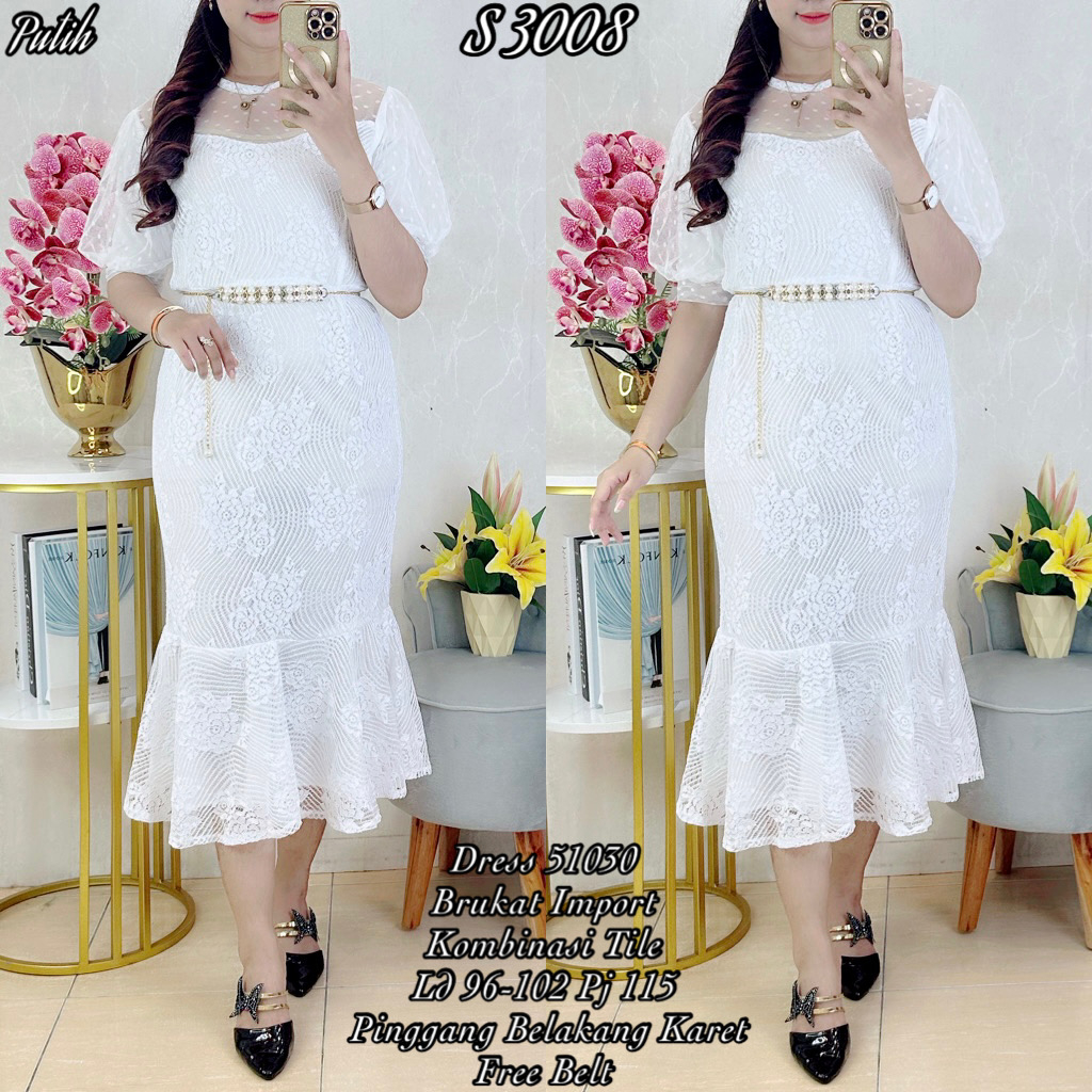 3008 Dress Brukat Putih Tile Polos Duyung Free Belt