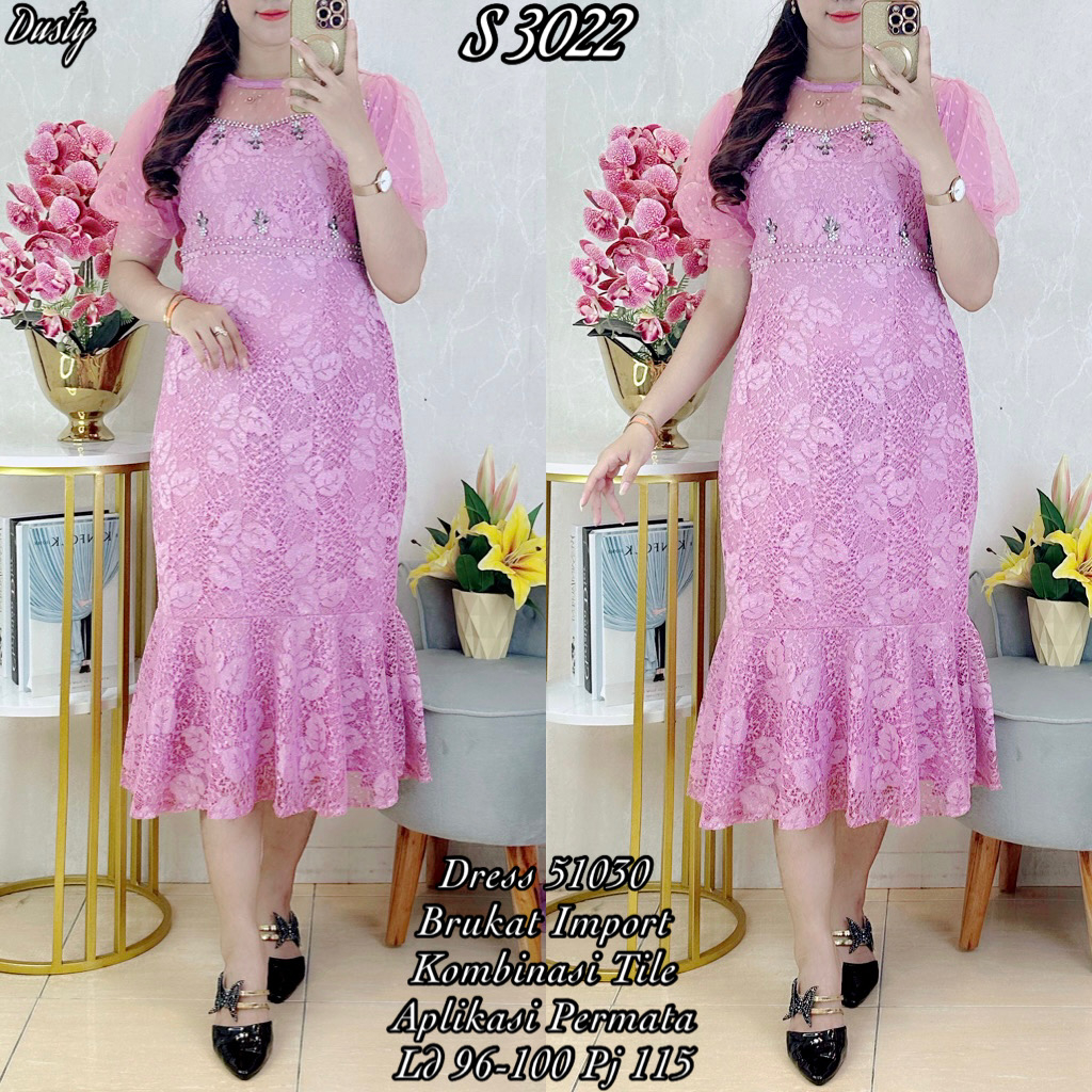 3022 Dress Brukat Duyung SUPER MEWAH Warna Dusty Pink Permata