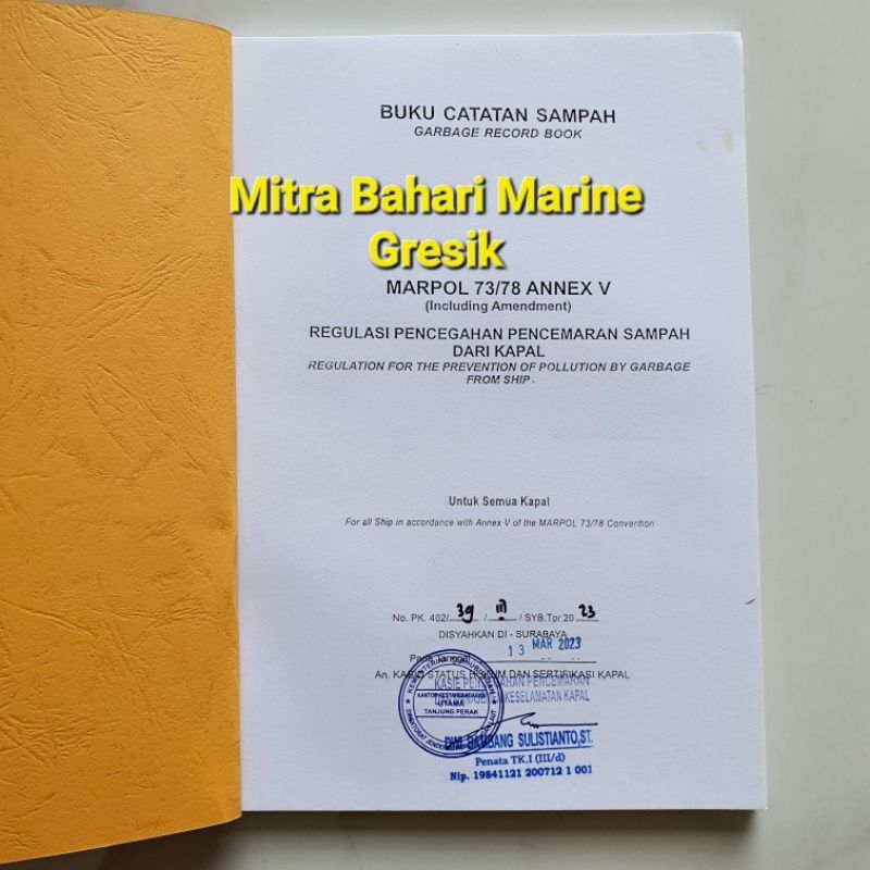 Buku Catatan Sampah / Garbage Record Book Pengesahan Syahbandar
