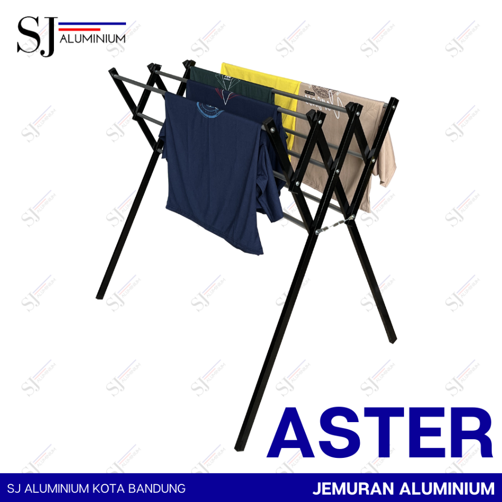 ASTER - Jemuran Baju & Pakaian Aluminium / Rak Handuk Lipat 105 CM Warna Hitam - Tahan Beban 20 KG U