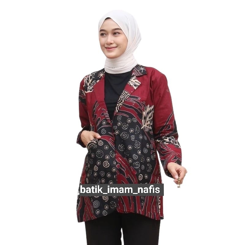 Blazer Batik Seragam Jas Merah Kantor Outer Formal Resmi Kondangan Kerja Guru Baju Wanita Jumbo Bahan Katun Adem Ukuran XS S M L XL XXL 3XL