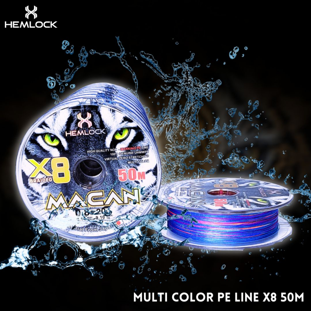 SENAR PANCING PE MACAN ORIGINAL HEMLOCK  X8 50M MULTI COLOR MAX DRAG 24KG
