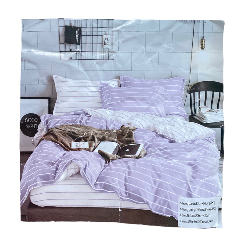 BEDCOVER SET MOTIF GARIS UNGU PUTIH / BEDCOVER + SPREI