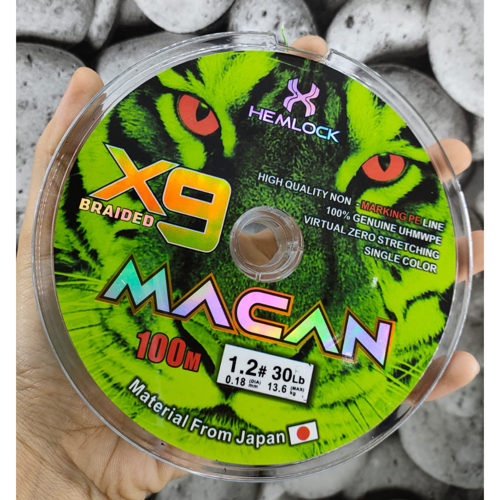 SENAR PANCING PE MACAN X9 100M ORIGINAL HEMLOCK SINGGLE COLOR MAX DRAG 35KG