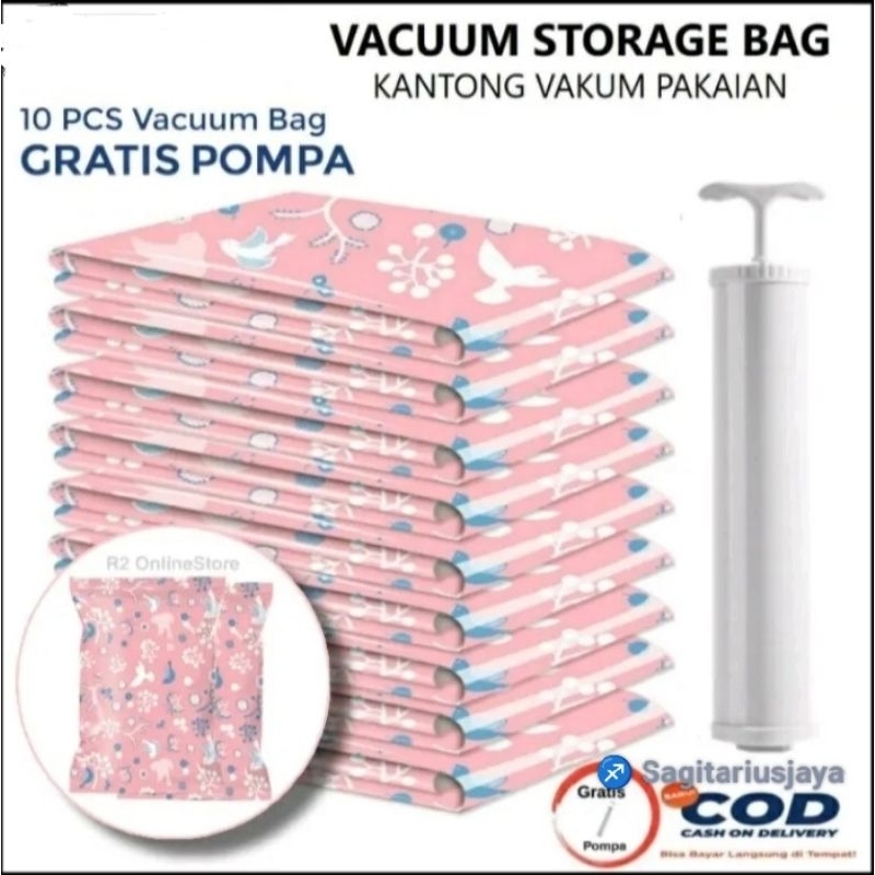 Kantong Vakum Baju Plastik 10 Pcs Free Pompa Kantong Vakum Bag Pakaian Travel Murah Original / Vacuu