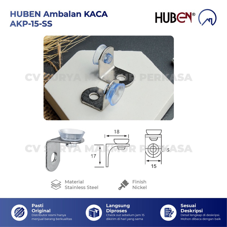 Ambalan Siku Rak Kaca HUBEN AKP-15 SS Stainles/Siku Penyangga Rak Kaca merk HUBEN AKP-15 SS