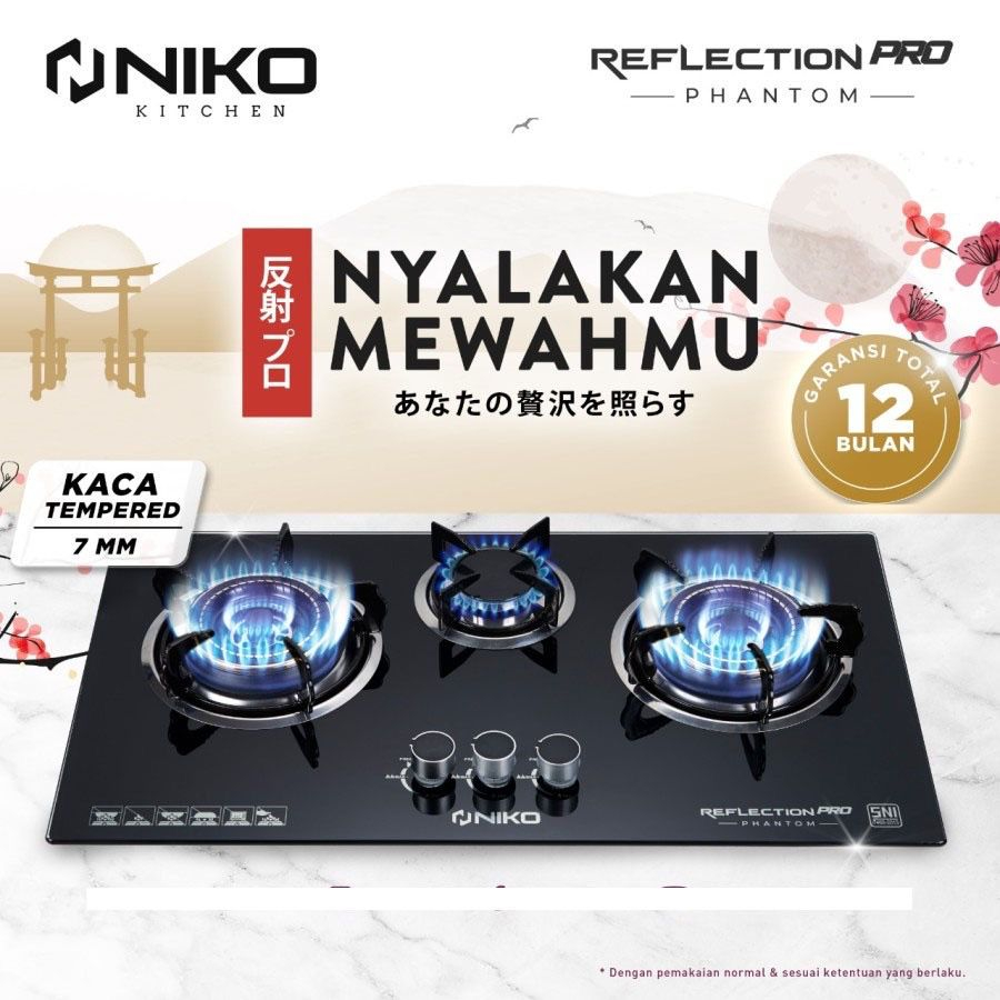 Niko Kompor Tanam Gas Kaca 3 Tungku Reflection Pro Phantom / kompor tanam / kompor meja tungku Kompo