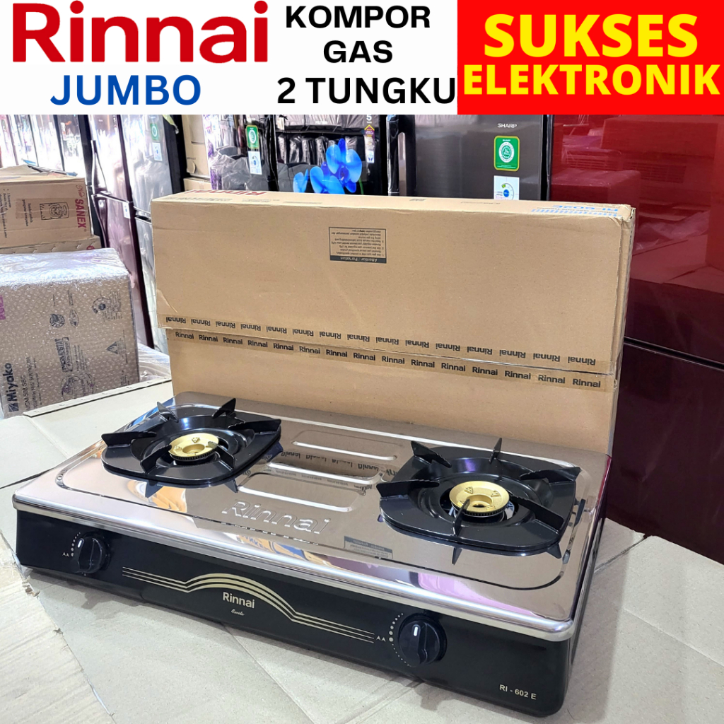 Kompor Gas Rinnai RI-602E / Kompor 2 Tungku Stainless Api Tornado Tutup Bisa dibuka