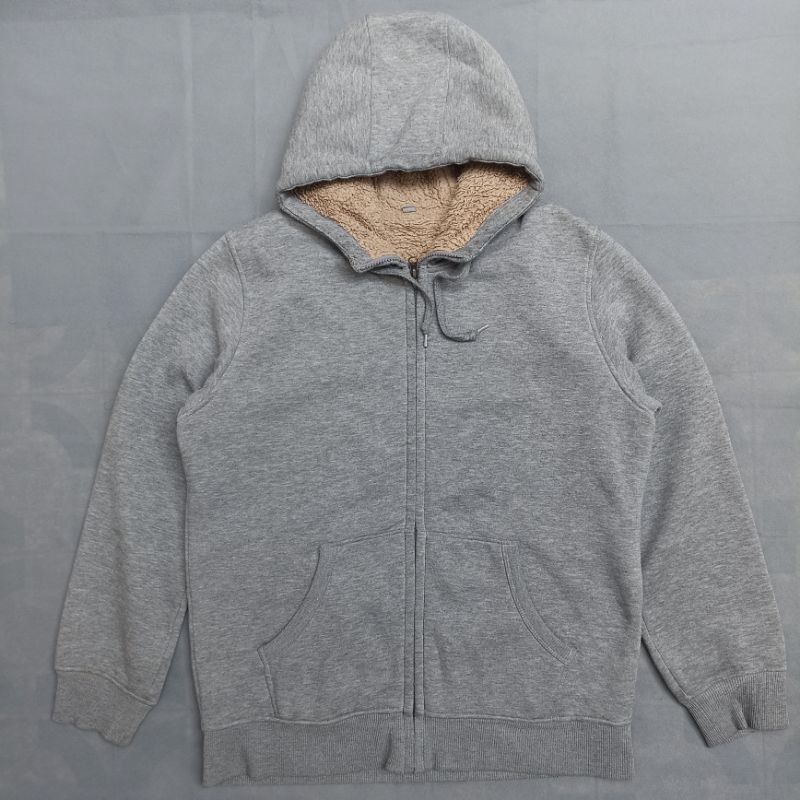 Preloved Jaket Hoodie Zipper Sherpa Uniqlo Abu Pria Wanita Murah XL