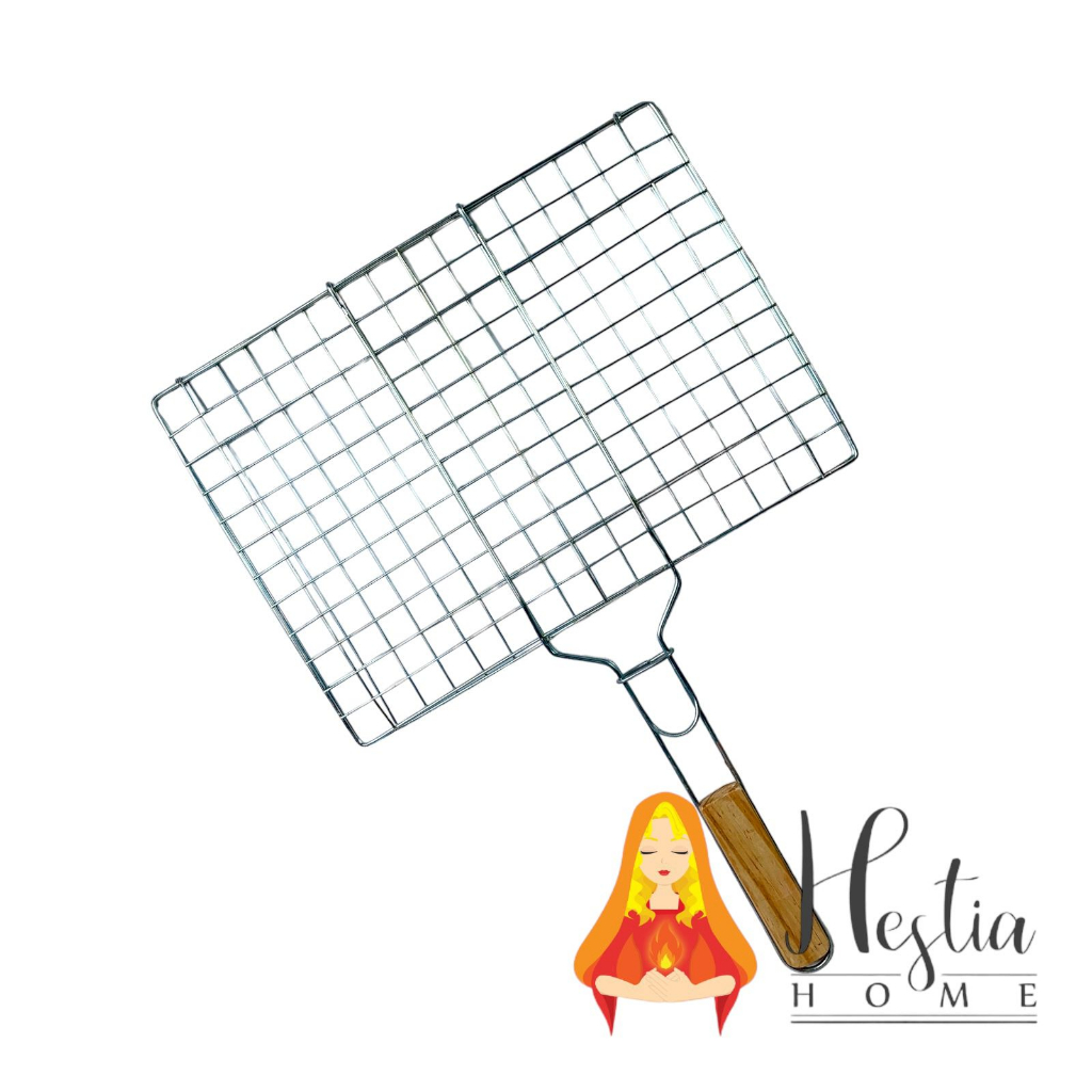 Panggangan Ikan Gagang Kayu Alat Panggang Jepit Stainless Multiguna