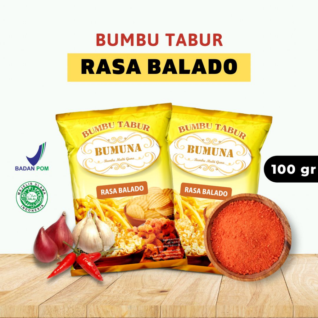 

Bumbu Tabur Rasa Balado 100 Gram Bumuna / Bumbu Tabur Cemilan Keripik Kentang Makroni Mie Lidi