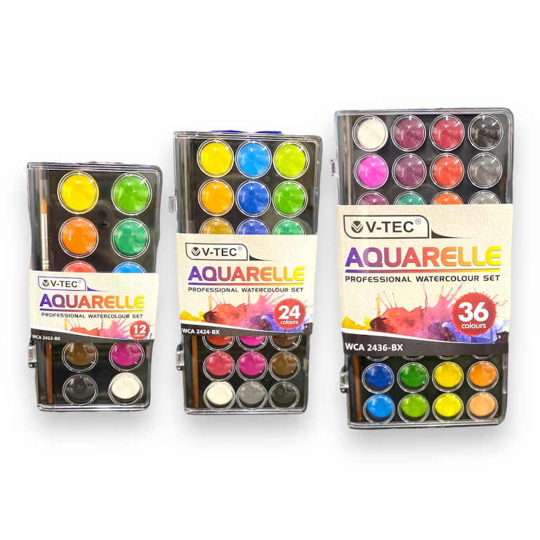 

Aquarelle Watercolor V-Tec Cake 12 24 36 Color Cat Air Alat Mewarnai Lukis Vtec Watercolour Set