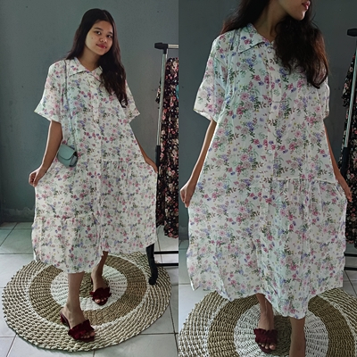 DRESS PANJANG MOTIF BUNGA BUNGA RNY | DRESS BUNGA | DRESS KEKINIAN | DRESS KOREA | DRESS KERAH