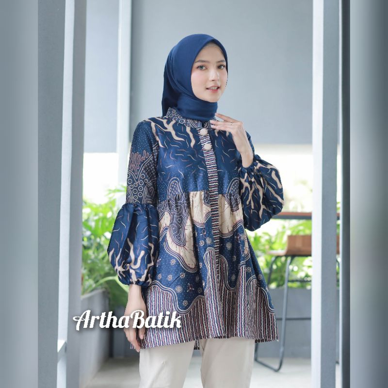 Batik Wanita Modern Kancing Depan Lengan Balon