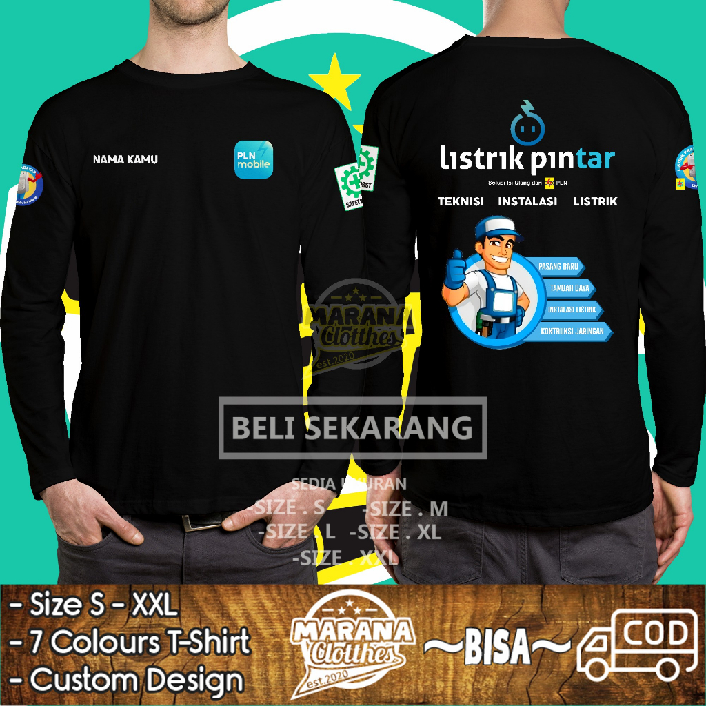 Kaos PLN Mobile Listrik Pintar Teknisi Instalasi Listrik Gratis Nama Kamu DB Lengan Panjang Baju Dis