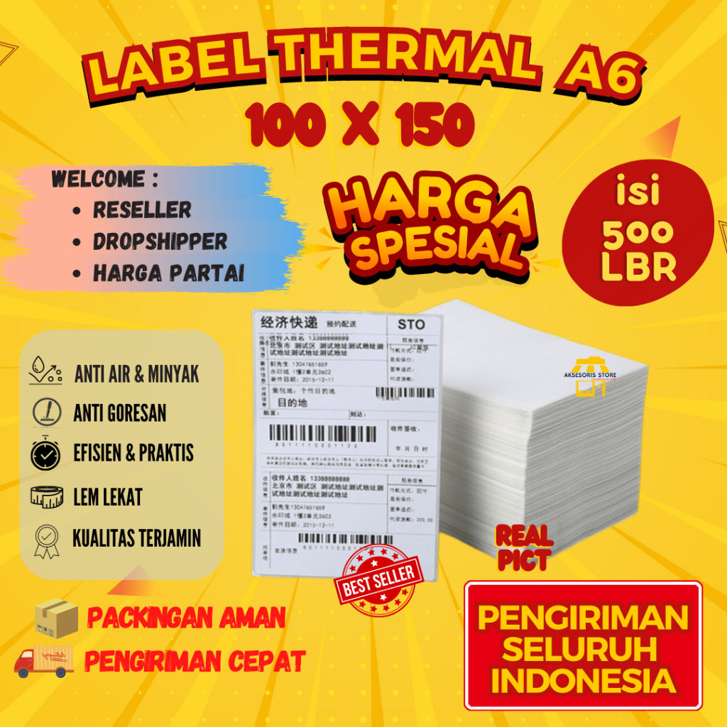 

KERTAS LABEL STICKER THERMAL LIPAT 100 X 150 BARCODE 100X150 UKURAN A6