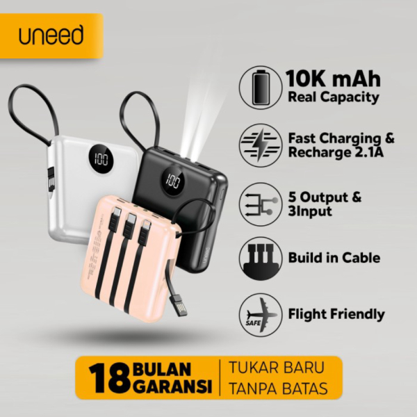Jual UNEED Powerbank 10000mAh Built in Cable UPB234 - White - Putih Diskon