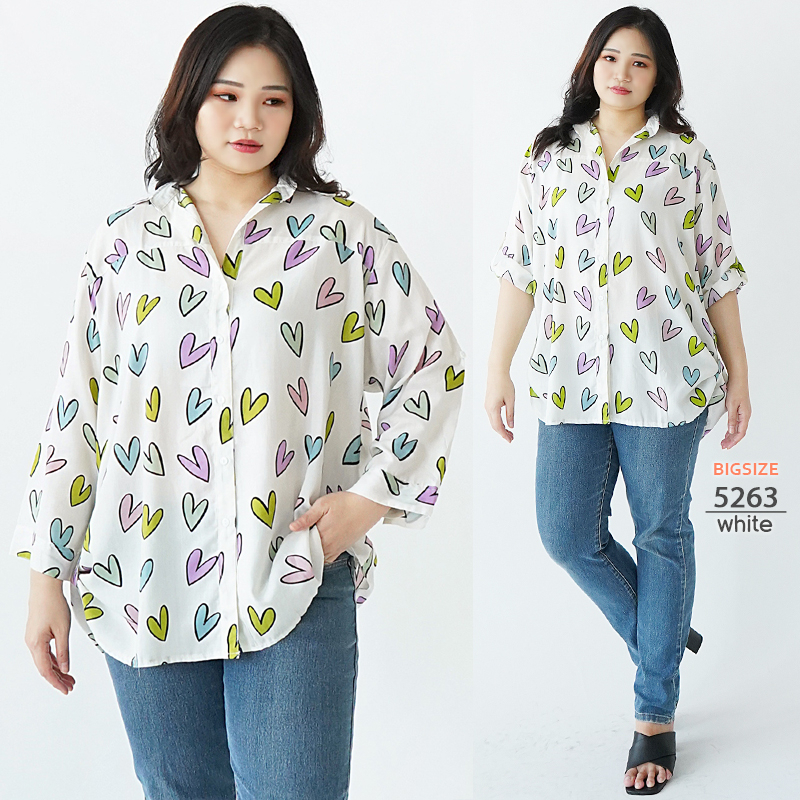 BAJU ATASAN KEMEJA WANITA JUMBO BIG SIZE OVERSIZE 5263 WHITE LOVE LD 130cm XXXL BAJU HAMIL KEMEJA KE