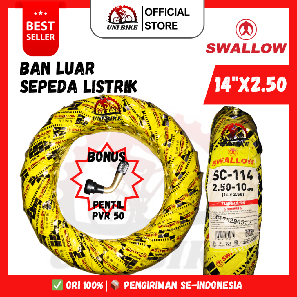 Ban Luar Sepeda Listrik TUBELESS 14x2.50 Swallow Merk Goda, Exotic, Pacific, Jarvis, Sunrise, Selis 