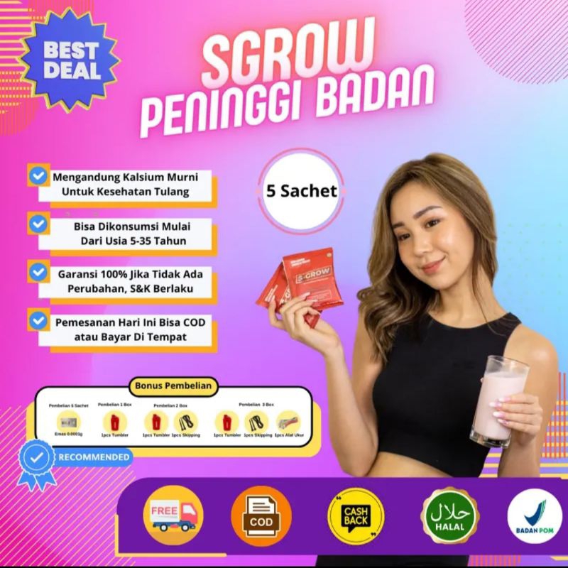 1/2 BOX (5 Sachet) SGROW PENINGGI BADAN Dewasa dan Remaja Asli Original Rasa Strawberry Enak Ampuh A