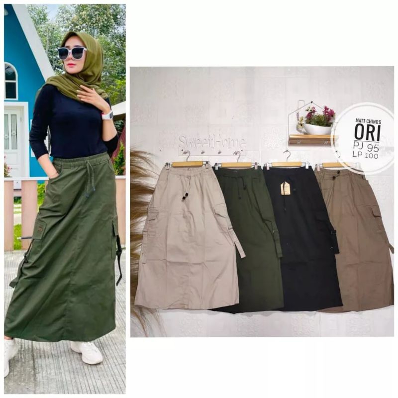 VIHASBI Rok Cargo Panjang Bahan Chinos Bawahan Wanita Terbaru Warna Hitam Moca Cream Army Navy Rok S