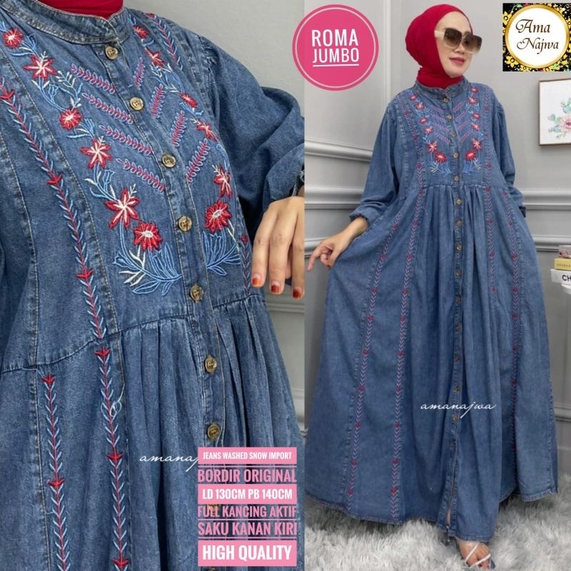 Gamis Jeans Bordir Terbaru Roma Jumbo By Amanajwa LD 130 Kancing Aktif