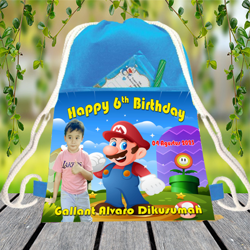 Tas Ultah Ransel Serut Custom Gambar Mario Custom Nama Foto