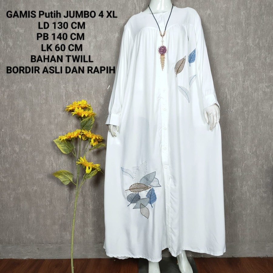 GAMIS PUTIH JUMBO LD 130 CM MODEL BORDIR KEKINIAN