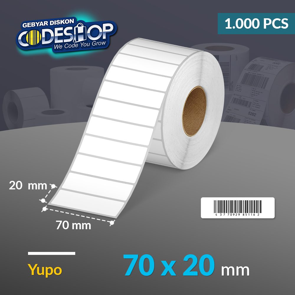 

Codeshop Label Yupo 70 x 20 mm 1 Line Stiker Printer Barcode Core 1 Inch Isi 1000 Pcs Anti Air Tahan Gesek Panas Minyak