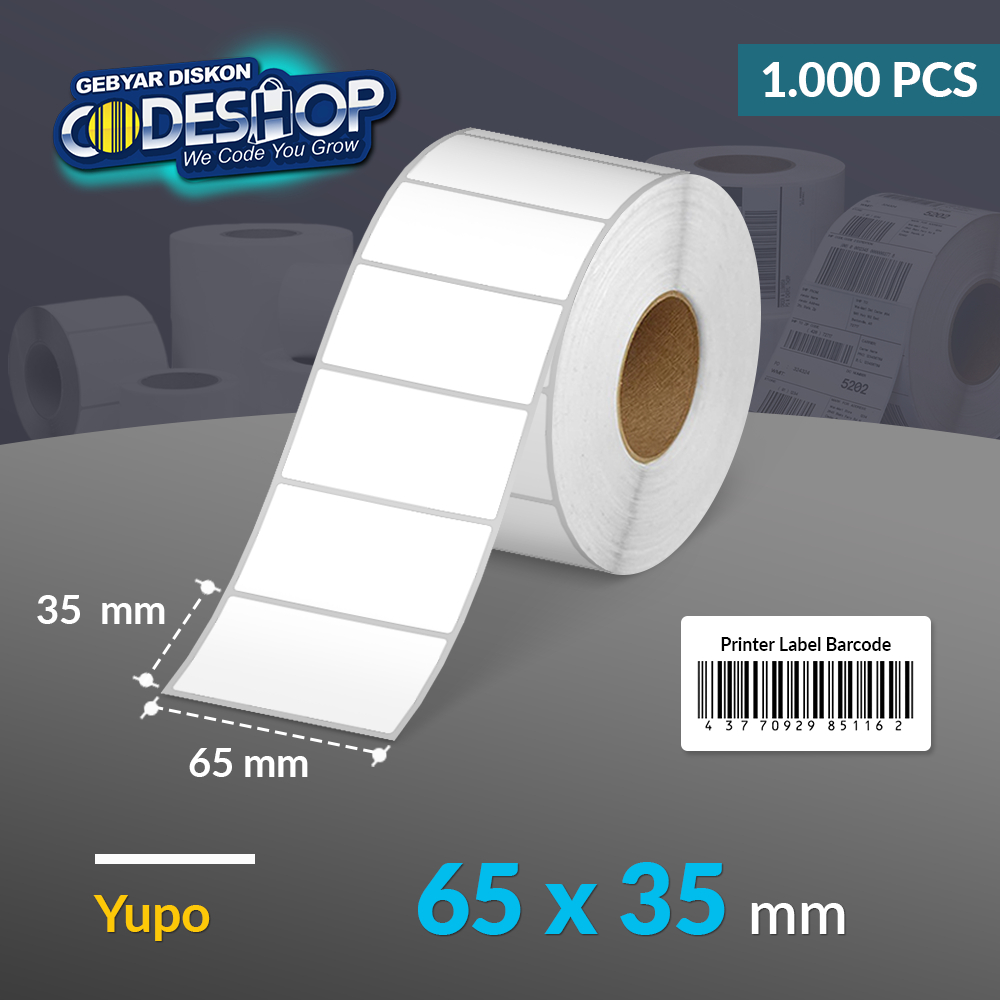 

Codeshop Label Yupo 65 x 35 mm 1 Line Stiker Printer Barcode Core 1 Inch Isi 1000 Pcs Anti Air Tahan Gesek Panas Minyak