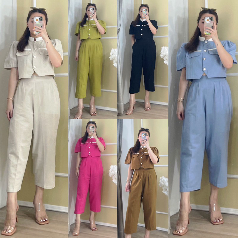 lookatmeofficial - Abigail One Set Linen Top Pants - Setelan Wanita Bahan Linen Atasan Celana Pensil