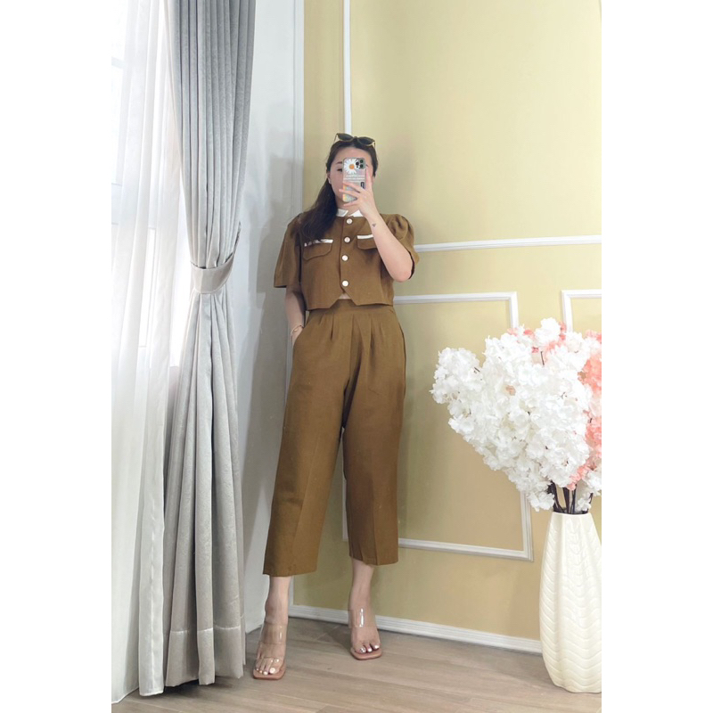 lookatmeofficial - Abigail One Set Linen Top Pants - Setelan Wanita Bahan Linen Atasan Celana Pensil