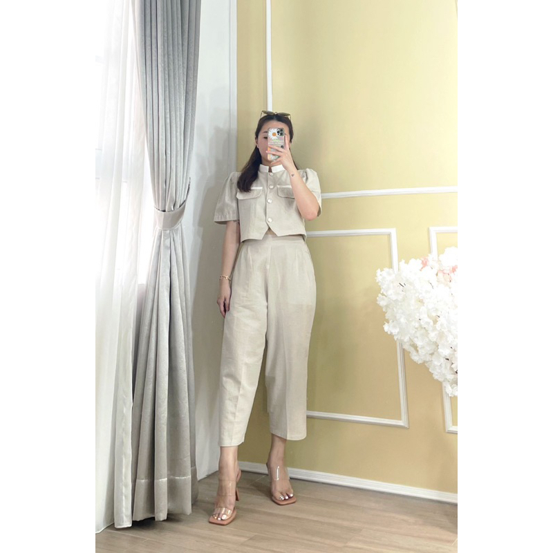 lookatmeofficial - Abigail One Set Linen Top Pants - Setelan Wanita Bahan Linen Atasan Celana Pensil
