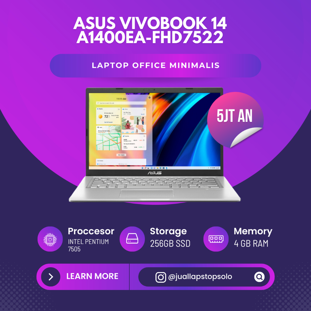 Asus Vivobook 14 A1400EA-FHD7522 - Silver [Pentium 7505-4GB-SSD 256GB]