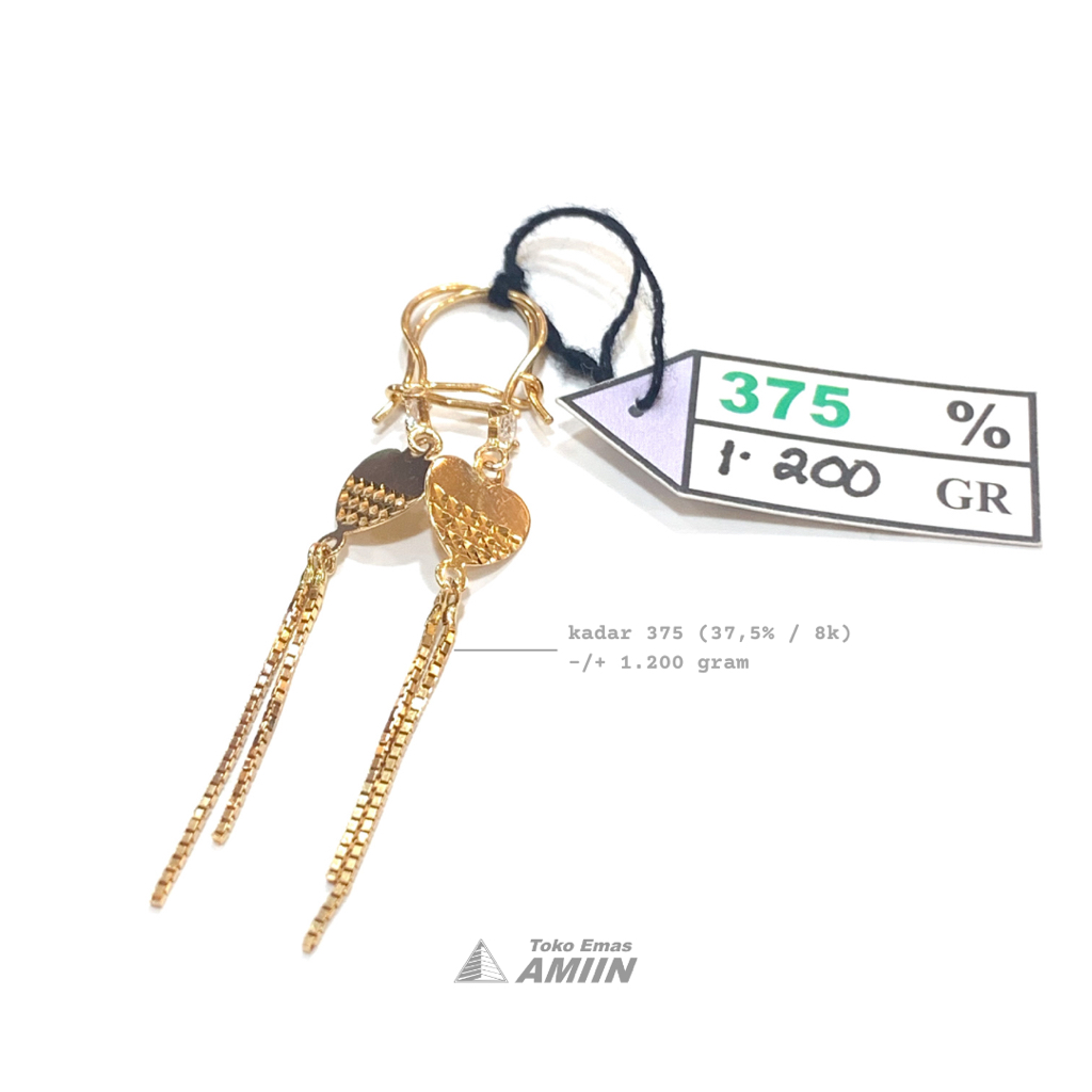 Toko Emas Amiin Anting Emas Asli UBS Kadar 375 (37,5% / 8K) 1 Gram - Gondel Fashion Panjang Love Ita