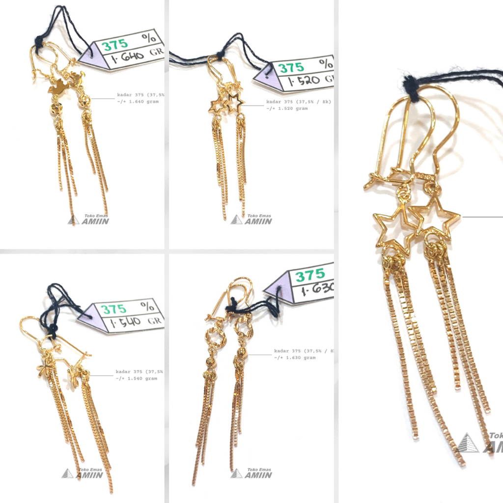 Toko Emas Amiin Anting Emas Asli SDS Kadar 375 (37,5% / 8K) 1 Gram - Gondel Fashion Panjang Bintang 