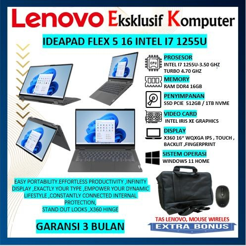 LENOVO IDEAPAD FLEX 5 16 INTEL I7 1255U RAM 16GB 1TB WUXGA IPS PROMO