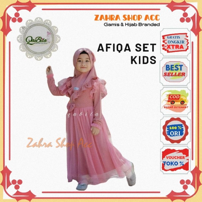 Gamis Anak Afiqa Set Hijab By Qabila Dress Kids Bahan Stella Mix Tille Dott Cantik Ringan dan Lembut
