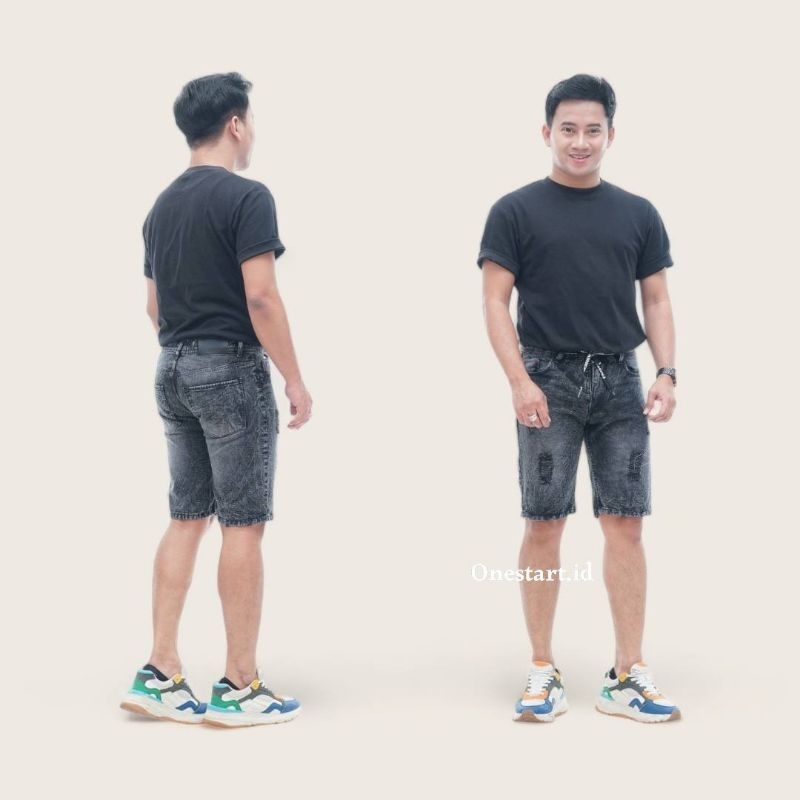 Celana Pendek Sobek Broadshot Jeans Pria Ripped Original Snow Hitam Celana Pendek Sobek Jeans Cowok