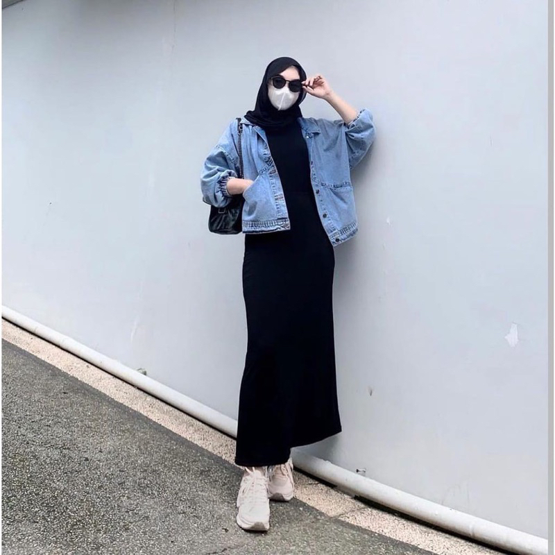 LUNA DRESS KNIT PREMIUM READY HITAM DRESS SPAN PANJANG INNER KNIT