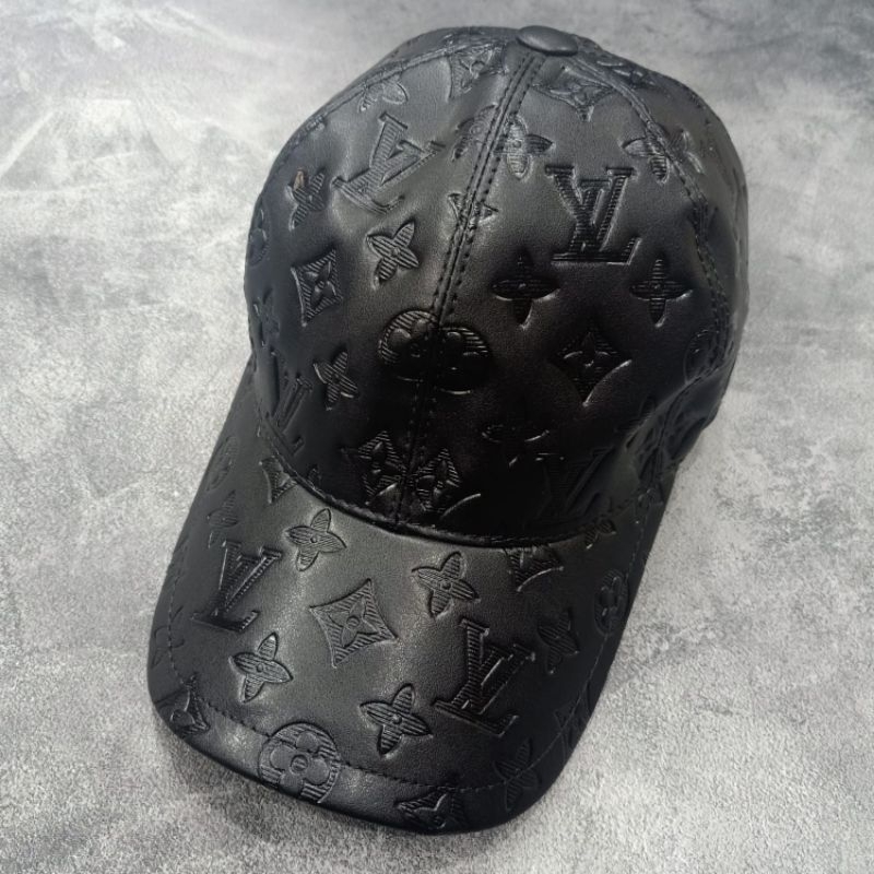 Topi Lv Monogram Embos Leather Black Topi baseball kulit import