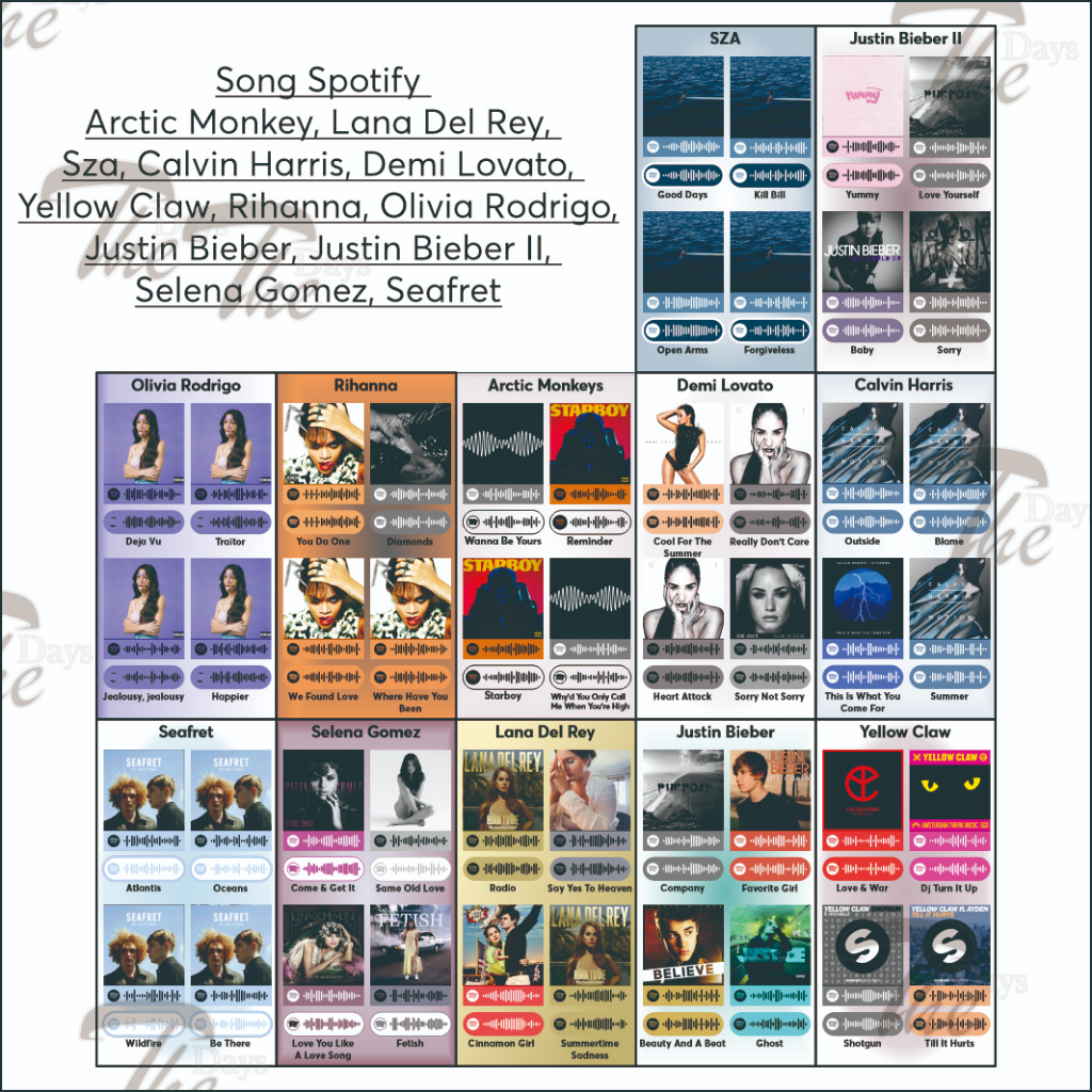 

Stiker Lagu Spotify Barcode Lana Del Rey Arctic Monkeys Calvin Harris Rihana Hits,Viral,Kekinian