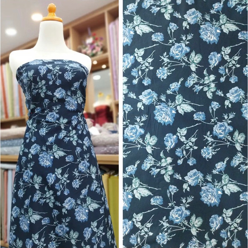 Kain Katun jepang bunga warna dasar navy