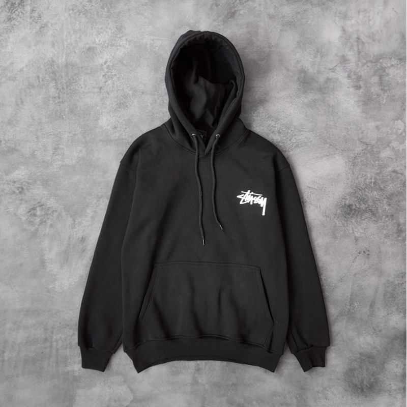 Jaket Hoodie Sweater STUSSY Hitam Dadu Sablon Fulltag & Label